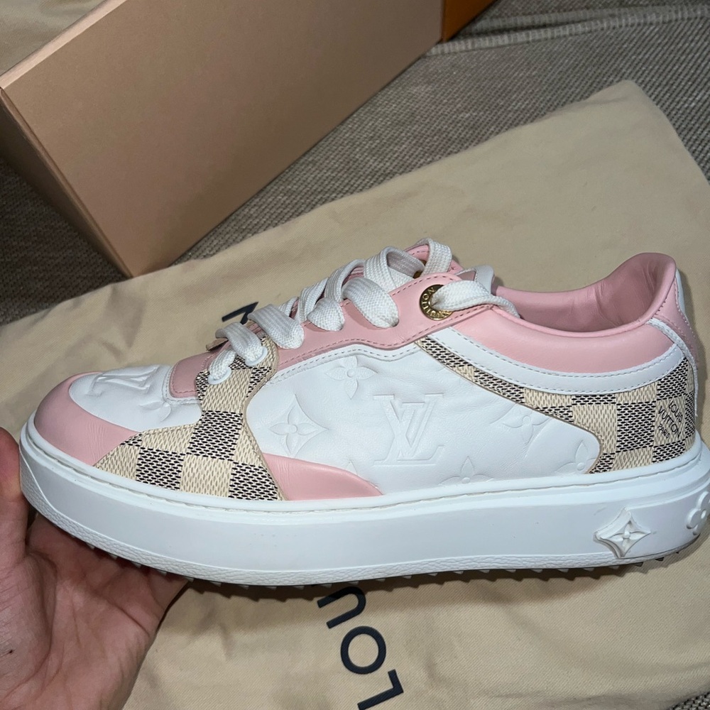 Louis Vuitton Pink and White Sneakers with Checkered Pattern